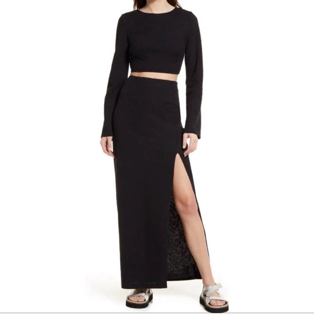 Free People Kendra Black Lace Maxi Skirt Side Slit-Festival-90s-Size 8 NWOT